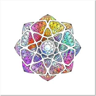 Rainbow Prismatic Crystal Mandala - Black Outline Posters and Art